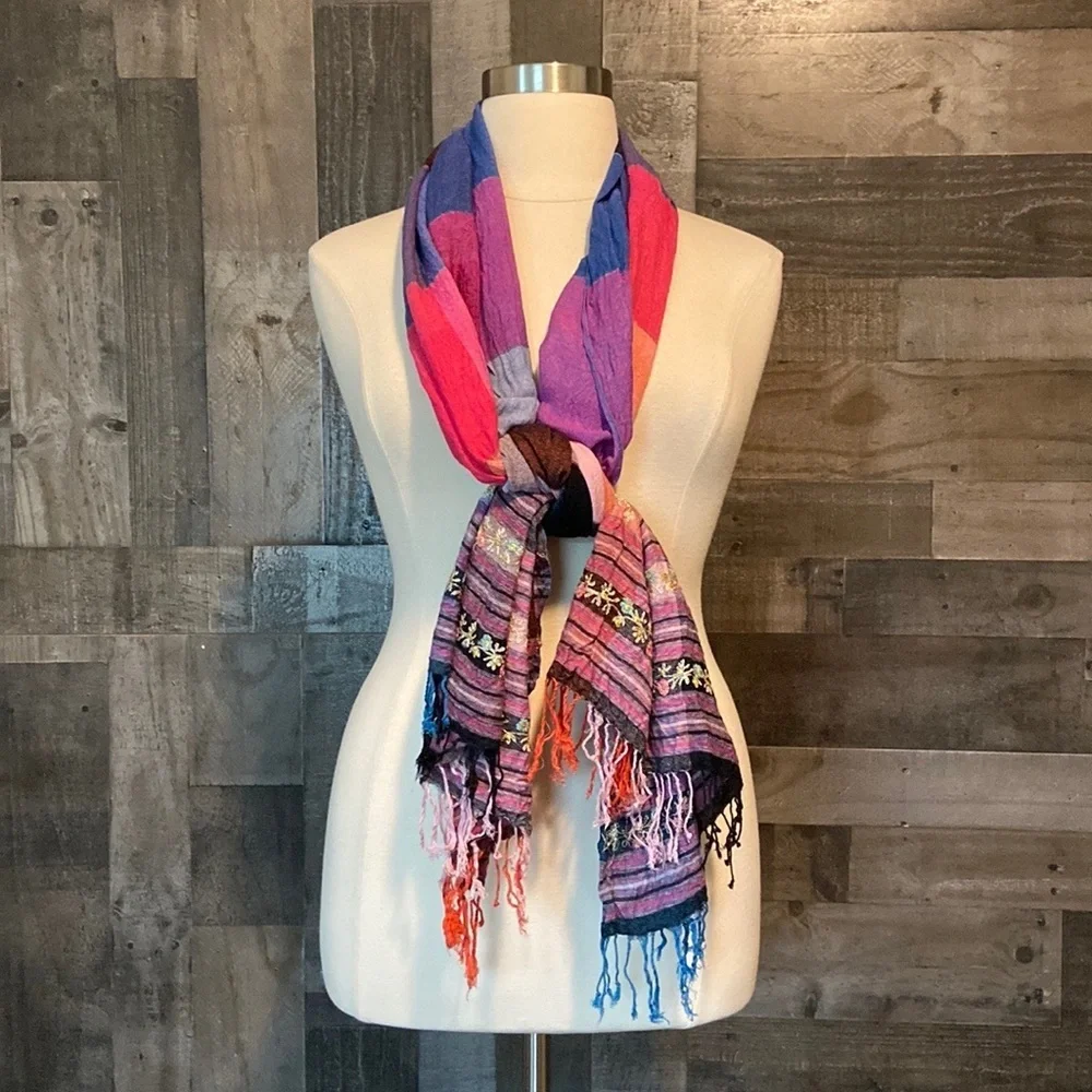 Rainbow patchwork scarf floral embroidery quiet luxury resortwear glam vacation
